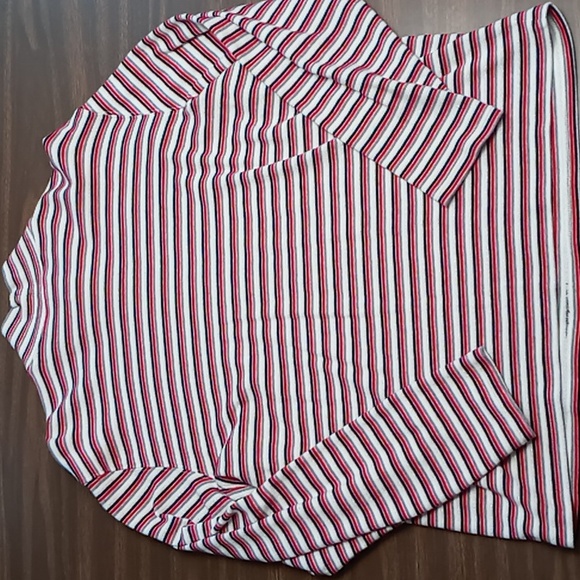 Studio Works Mock Neck Blouse Red\White\Black\Metallic Silver Stripe XL - Picture 2 of 4